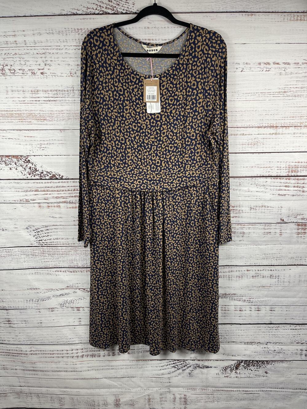 Boden Dress Women's US16 Blue Leopard Print Jersey Midi Pockets Long Sleeve